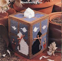 Plastic Canvas Window Cat Tissue Cover Kitty Tote Doll Bookcase Trinket Pattern - $8.99