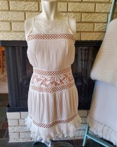 Adelyn Rae Boho Pleated Chiffon Dress Crochet Lace Ruffle Ivory Nude Sz XS - £32.57 GBP