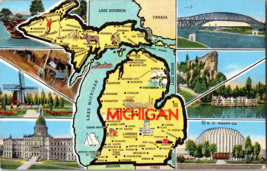 Vtg Postcard State of  Michigan Multi-View Map Greetings Unposted - £4.38 GBP
