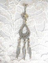 Dreamcatcher Drop Shaped Concho W 3 Dangling Feathers Clear Belly Button Ring - £4.79 GBP