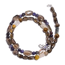 Natural Smoky Quartz Iolite Tiger Eye Gemstone Smooth Beads Necklace 17&quot; UB-4297 - £7.81 GBP