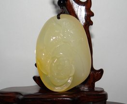 YW 2.2&quot; China Certified Nature Yellow Dragon Jade Blessing Bat and Lotus... - £68.59 GBP
