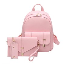 3pcs/Set Women PU Leather Backpack Teenager Solid Color School Book Bag Girls Mu - £22.83 GBP