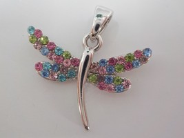 Small Jeweled Dragonfly Charm Multi-Colored Faux Diamonds Silver Color Dangle - £3.99 GBP