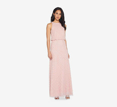 Adrianna Papell Aurora Pink Art Deco Beaded Blouson Dress With Halter Neckline - £141.56 GBP