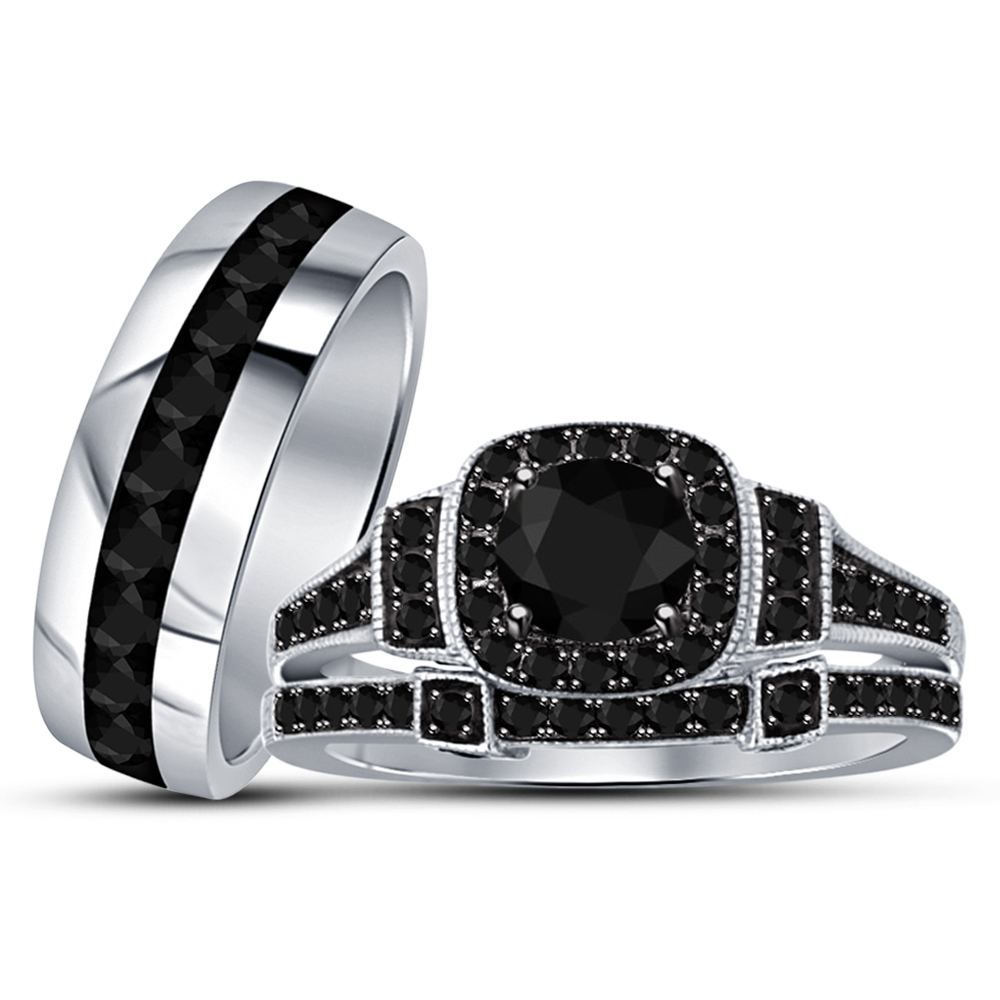 Men's & Women's Diamond Trio Wedding Ring Set 14k White Gold Plated 925 Silver - $132.63