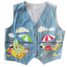 Vintage 90s Large Embroidered Beach Theme Vest Top Tank Novelty Blue Nau... - $48.29