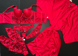 Victoria&#39;s Secret longline 34B,36C,36DD BRA SET+M TEDDY+ROBE RED floral ... - £210.21 GBP