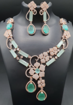 Indian Rose Gold Plated Bollywood Style Blue Choker Necklace CZ Jewelry Set - £99.32 GBP
