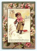 Victorian Easter Greeting Card Winter Snow Child Large Bow &amp; Coat Pullin... - £15.53 GBP