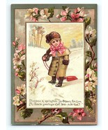 Victorian Easter Greeting Card Winter Snow Child Large Bow &amp; Coat Pullin... - £15.64 GBP