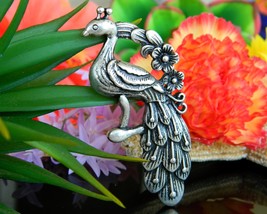 Vintage Peacock Bird Large Pewter Pendant Floral Flowers Silver Tone - £20.00 GBP