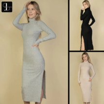Cozy Sweater-Knit Fuzzy Turtle Neck Dress with Bold Split Thigh Design - $25.50