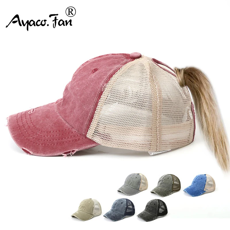 Women Summer Ponytail Baseball Cap Cottony Denim Patchwork Mesh Broken Sunhat - £10.69 GBP+