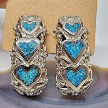 TRIFARI Faux Crushed Turquoise Vintage Pierced Silver Tone Earrings Hearts - £23.94 GBP