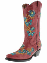 Womens Western Rodeo Boots Red Leather Butterfly Embroidered Snip Toe Si... - $85.53