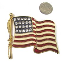 VTG Large Enamel Bejeweled American Flag Brooch Crystal Rhinestone  Gold... - £15.78 GBP