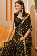 Black and Gold Striped Embellished Sequinned Saree - £94.95 GBP