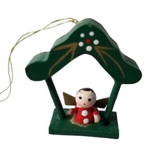 Angel in Manager Christmas Tree Ornament Vintage Wood Miniature Green 2 Inch - £9.71 GBP