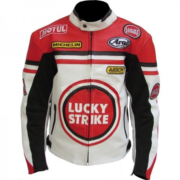 LUCKY STRIKE RED WHITE COWHIDE RACING MOTORCYCLE LEATHER JACKET WITH SAFETY PADS - $159.99