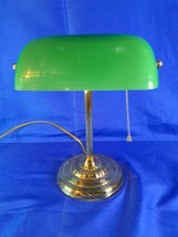 Vintage Bankers Desk Table Lamp Green Glass Shade Library Light Brass 14&quot; tall - £73.93 GBP