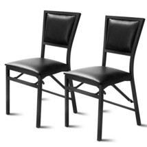 Set of 2 - Modern Black Metal Folding Dining Chairs with PU Leather Seat Cushio - £166.01 GBP