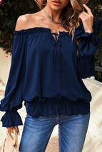 Navy Off Shoulder Ruffled Puff Sleeve Blouse - £18.97 GBP+