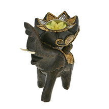 Proud Elephant Carrying Lotus Flower Hand Carved Wooden Candle Holder - £18.34 GBP