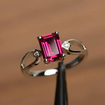 Ruby ring July birthstone emerald cut red gemstone ring 925 sterling silver - £68.90 GBP