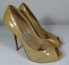 Jimmy Choo Pale Yellow Patent Leather Peep Toe Heels Size 38 4” Heel *READ* - £35.57 GBP