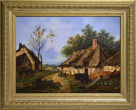 British Rustic scenery Village in foothills 19th century Oil painting Framed - $393.00