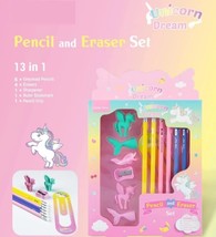 Unicorn Mermaid Erasers ,Pencils, Sharper Set Pack of 13 Pink Stationary Set for - £16.71 GBP