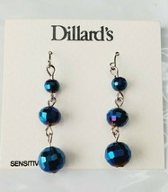 Dillard&#39;s Silver Tone French Wire Earrings Cobalt Blue Dangle Disco Ball Beads - £10.63 GBP
