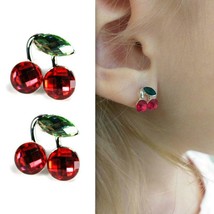 Tiny Cherry Post Earrings 1cm Girls Women Sparkling Red Rhinestone Cherries Stud - £6.20 GBP