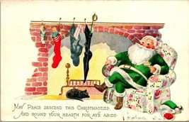 Santa in Green Suit by Fireplace w Stockings Embossed DB Postcard T19 - £5.94 GBP