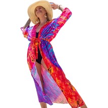 Bathing Suit Cover Up Kimino Red Blue Print Kimonos For Women Summer Cardigan Lo - £22.13 GBP