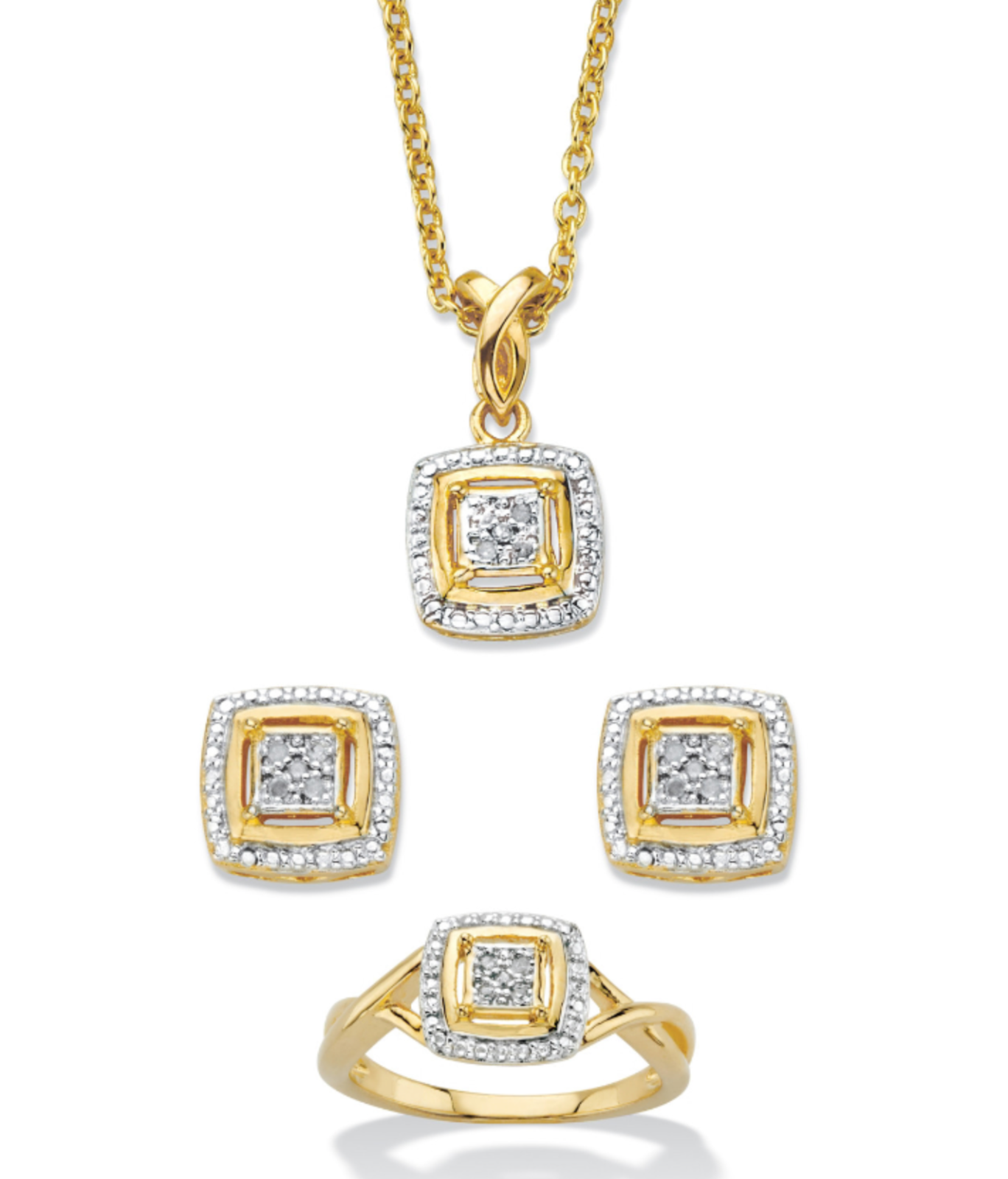 Primary image for 1/10 CARAT TCW DIAMOND ACCENT SQUARED CLUSTER RING EARRINGS NECKLACE SET