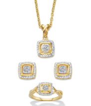 1/10 CARAT TCW DIAMOND ACCENT SQUARED CLUSTER RING EARRINGS NECKLACE SET - £305.41 GBP