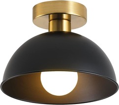 Industrial Semi Flush Mount Ceiling Light with Gold Plate and Matte Black Shade  - £54.82 GBP