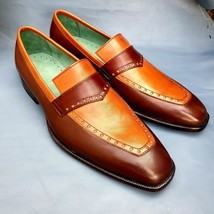 Bespoke Men&#39;s Handmade Tan &amp; Brown Color Genuine Calf Leather Moccasin S... - £157.70 GBP