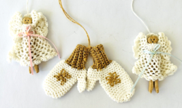 3 Small Crocheted Christmas Ornaments Pair of Mittens &amp; 2 Clothespin Angels - £15.28 GBP