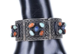 7&quot; Antique Turkish Silver Filigree Mediterranean Coral, Turquoise, and lapis bra - $272.25