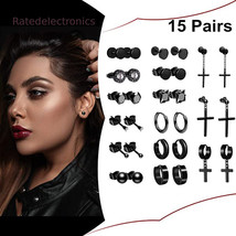 15PCS Stainless Steel Hoop Earrings Black Cross Dangle Ear Piercings Men Women - £13.43 GBP