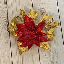 KC Signed Gold Tone Red Poinsettia Holly Brooch Pin Christmas Kenneth Cole - £10.51 GBP