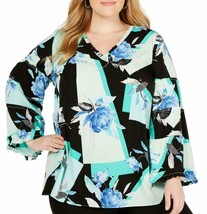 Alfani Women&#39;s Plus Size Fresh Petal Printed Ruffled Blouse Black Floral 3X - £15.41 GBP