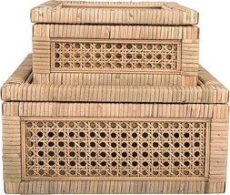 Creative Co-Op Natural Set Of 2 Sizes Boho Woven Cane And Rattan Display Boxes - £91.25 GBP