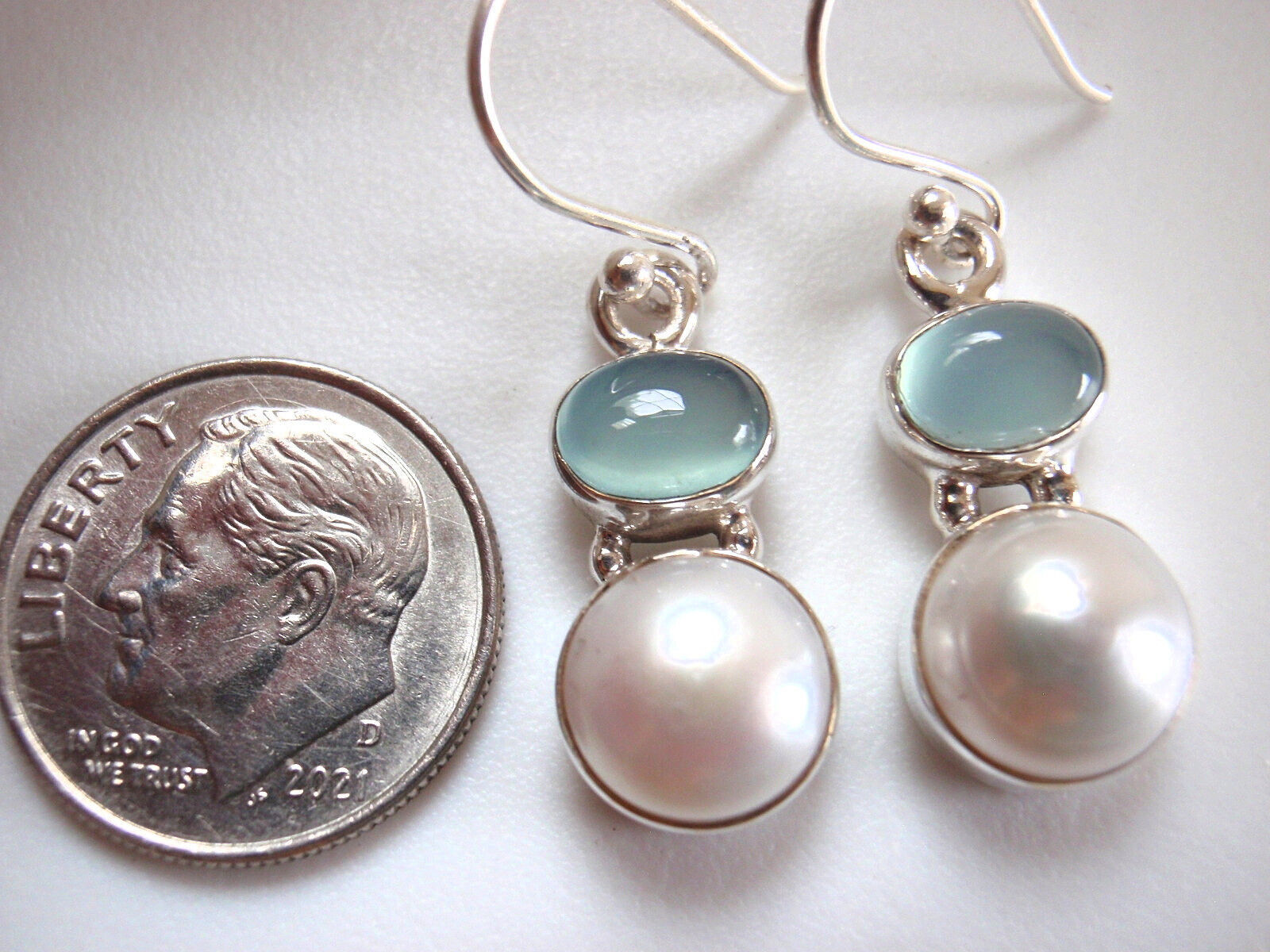 Chalcedony and Cultured Pearl 925 Sterling Silver Dangle Earrings