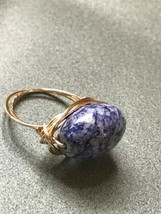 Handmade Goldtone Wound Wire with Mottled Blue Ceramic Barrel Bead Center Ring  - £10.35 GBP