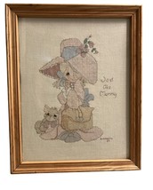 Vintage Precious Moments Cross Stitch Girl &amp; Cat. Says Just Like Mommy W/ Frame - £7.47 GBP