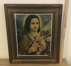 Vtg Large  Framed Saint Therese of Lisieux with Roses &amp; Crucifix 22.5” X 19.5” - £101.83 GBP